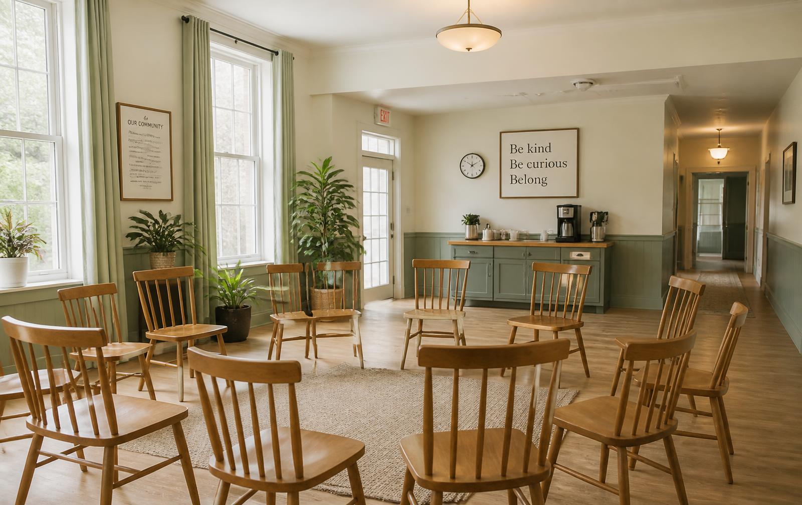 Community center room with a circle of wooden chairs and large windows
