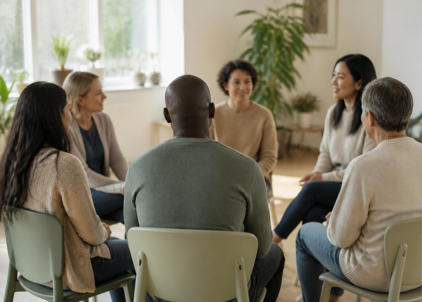 A small support group of adults talking together in a sunlit room